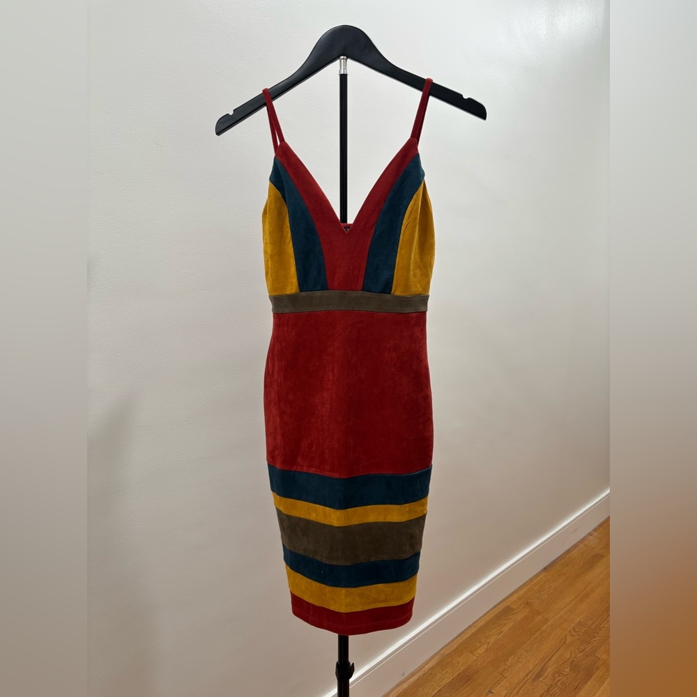 536. Privy Multicolor Faux Suede Look Striped Midi Dress